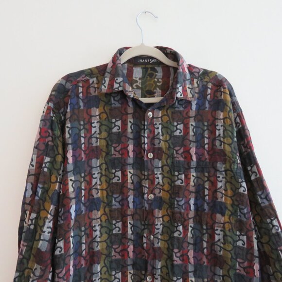 VINTAGE JHANE BARNES Abstract Checked Multicolor Button Down Shirt Men's Size M - Picture 2 of 14